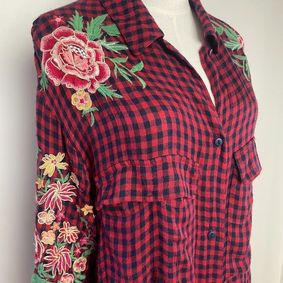 ZARA TRF Embroidered Boho Western Grunge Cowgirl Floral Duster Plaid Shirt Dress - Picture 2 of 10